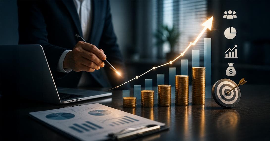 Business growth chart with coins representing B2B marketing ROI