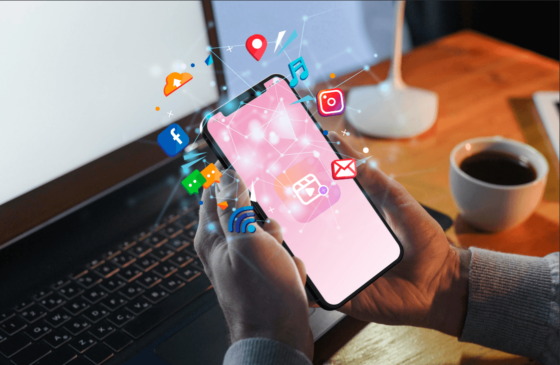 Hands holding smartphone with social media icons — AI-powered social media